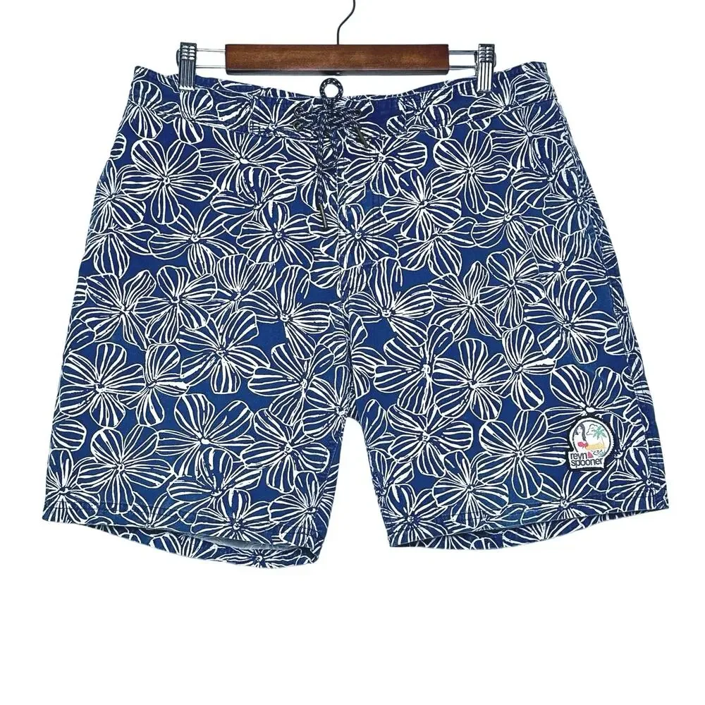 Reyn Spooner | Men | Mala Melia Floral Ink Cotton Beach Swim Board Shorts | 34